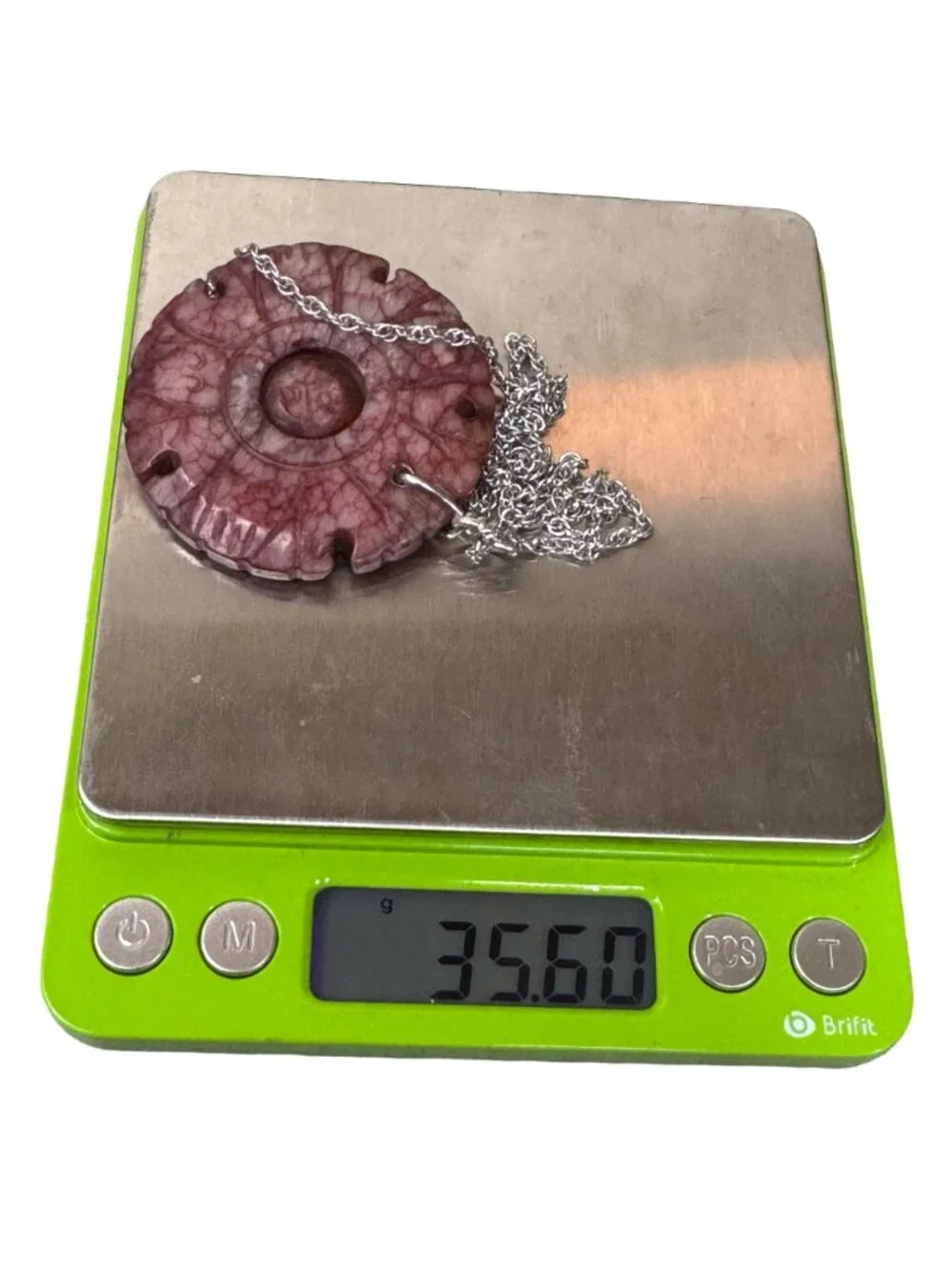 Vtg Rhodochrosite Sterling Silver Chain Necklace Stone Pendant Carved Amulet 18" - Picture 8 of 14